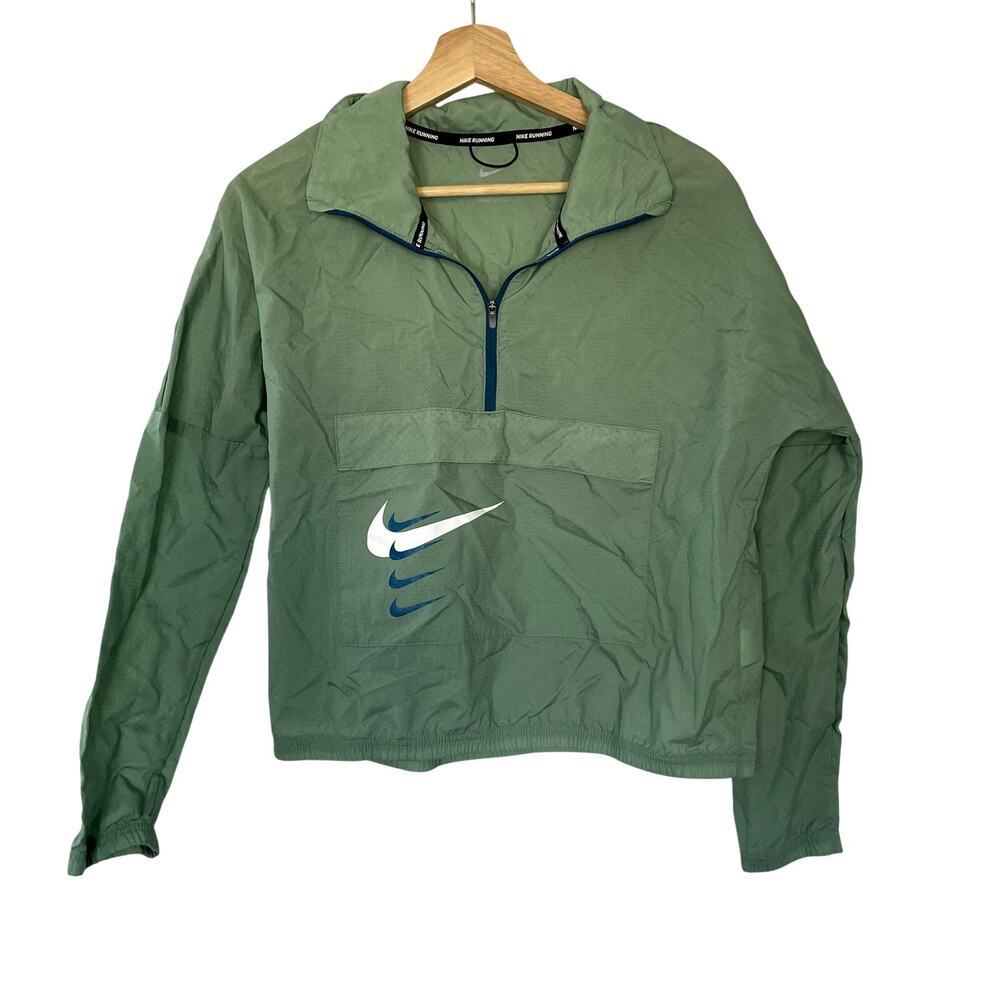 Nike Running green waterproof jacket nylon womens S 4 swoosh design front pocket